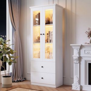 Vitrine LED 60&times;35.5&times;165 cm avec port USB et t&eacute;l&eacute;commande 16 couleurs Buffet haut avec 2 tiroirs Buffet salon en blanc MDF