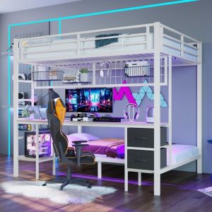 Lit superpos&eacute; 2/3 places 90/140x200cm Lit enfant Lit mezzanine en m&eacute;tal avec &eacute;tag&egrave;re tiroirs bureau bande LED port USB - blanc