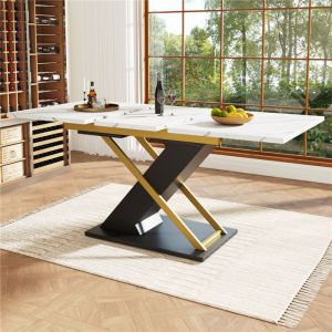 Table &agrave; Manger T&eacute;lescopique Extensible 120-160&times;80 cm Table Cuisine 6 &agrave; 8 personnes avec Pieds Crois&eacute;s Noir+Dor&eacute;sTable Motif