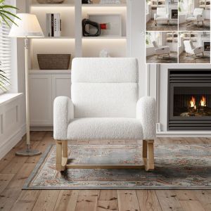 Fauteuil à bascule blanc style scandinave en bouclette 96x70x75 cm assise large poches patins antidérapants