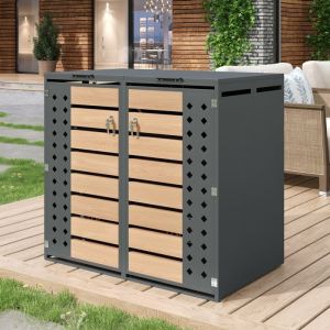Cache Poubelles de Jardin pour 2 poubelles standard - Couvercle &agrave; Rabat - 2 Portes Verrouillables M&eacute;tal Gris + Bois