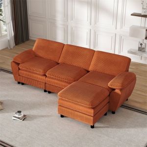 Canapé 3 Places Modulable avec Pouf Démodable Canapé dangle Convertible Velours Cotele Canape Pas Cher avec Coussins Orange
