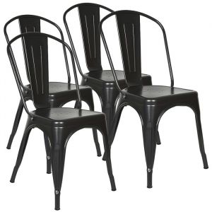 Lot de 4 chaises de Salle &agrave; Manger empilables en m&eacute;tal avec Dossier pour bistrot Cuisine int&eacute;rieur et ext&eacute;rieur Noir
