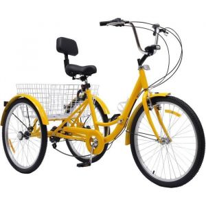 Tricycle 24 pouces 7 vitesses pour adulte vélo pliant jaune 3 roues avec panier support pour tasse deau phare
