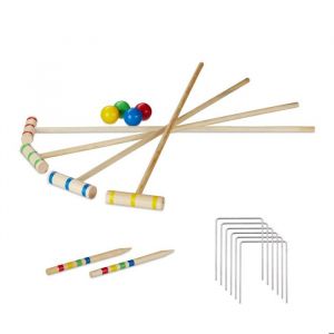 Relaxdays Jeu de croquet 4 joueurs enfants & adultes set complet avec sac lot bois maillets 75 cm nature