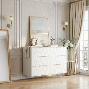 Commode 6 tiroirs blanche 100 x 34 x 72 cm &ndash; bois et m&eacute;tal anti-basculement pieds m&eacute;talliques
