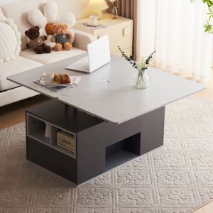 Table basse relevable 100x51x47 cm 2 en 1 avec plateau pliable 2 tiroirs rangement panneau de particules gris