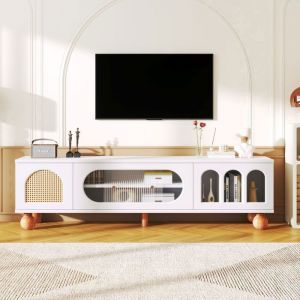 Meuble TV - Meuble Tele Avec porte en rotin porte coulissante en verre trois zones arquées ouvertes blanc 170*47*37 Cm