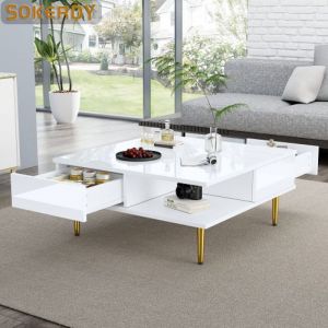 SOKERDY Table Basse Carrée Brillante avec 2 Tiroirs et Étagère Ouverte Table de Salon avec Pieds Dorés 70x70x36cm Blanc
