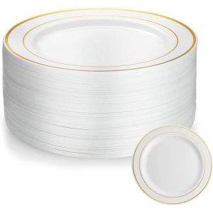 50 Pi&egrave;ces Assiette 19cm Assiette Plastique Reutilisable Avec Bordure Dor&eacute;e Assiettes en Plastique Blanc Assiettes pour Mariages