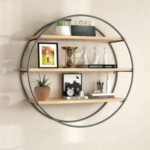 Étagère Murale Ronde Industrielle Vintage en Bois et Métal avec 3 Étagères