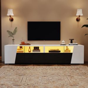 Meuble TV Bas Moderne 180 cm Blanc et Noir avec LED Meuble TV Design Laqu&eacute; avec Rangements pour Salon