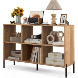 GOPLUS Meuble à Casier 6 Cubes-Bibliothèque Étagère Ouverte à 3 Niveaux-5 Pieds en Métal-120x35x795cm Charge 150KG Naturel
