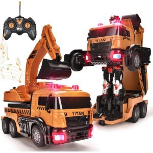 Pelleteuse Télécommandée Transformable Enfants FIVEFINE Véhicule Radiocommandé Jouet Voiture Rotations 360°Avec Lumières