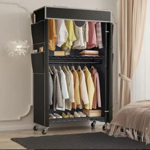 Portant à Vêtements -HOMDOX- 90x45x205cm 3 Niveaux avec Housse Noir 2 Barres de Suspension et 4 Poches Latérales Hauteur Réglable