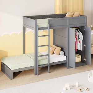 Lit superposé enfant 90*200cm 2 places avec escalier de sécurité  armoire design de la clôture haute sommier à lattes Gris