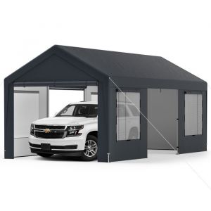 GOPLUS Grand Abri pour V&eacute;hicule Carport R&eacute;sistant aux Intemp&eacute;ries avec Couverture et 8 Parois Amovibles Gris