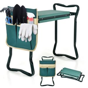 COSTWAY Agenouilloir de Jardin Pliable 2 en 1 Banc de Jardinage Coussin EVE 1 Pochette à Outils 58 x 27,5 x 50 cm Vert Charge 150kg