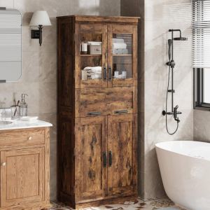 Colonne salle de bain haute -60X30X170CM avec portes tiroir armoire de rangement  avec &eacute;tag&egrave;res r&eacute;glables-marron