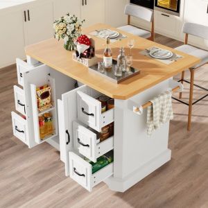&Icirc;lot de cuisine de bureau pliable - LEYTN - 120x45(75)x91 cm desserte de cuisine avec 2 portes 6 tiroirs adapt&eacute; pour salon-Blanc