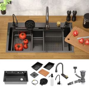 ML-Design Évier Multifonction Inox 80x46 cm Anthracite Évier de Cuisine Encastré Rectangulaire Robinet avec Douchette Extractible