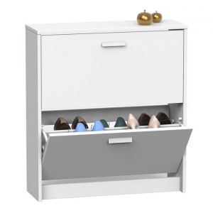 Meuble &agrave; chaussures Commode &agrave; chaussures de 2 portes coloris blanc - Hauteur 82 x Longueur 74 x Profondeur 25 cm