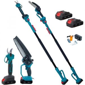 Tronconneuse Electrique 3-en-1 avec &Eacute;lagueuse et Perche Telescopique R&eacute;glable 126-260cm 2 Batteries 18V Scie Chaine 6 Pouces