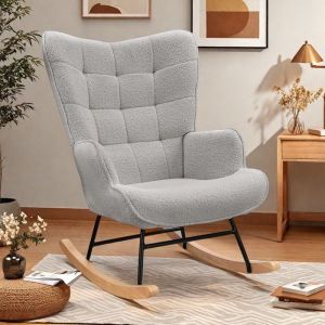 Fauteuil à Bascule Rembourré Fauteuil à Oreilles allaitement Tissu Velours Teddy Chaise à Bascule Relaxante pour Salon Gris