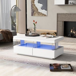 Table basse avec 2 tiroirs et LEDPanneau acrylique Table basse salon 100 * 60 * 50cm Blanc brillant