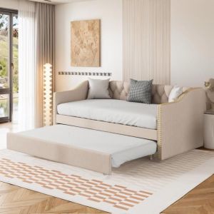 90x200cm lit gigogne canapé-lit avec lit escamotable multifonctionnel Lit rembourré tissu de lin lit dinvité beige