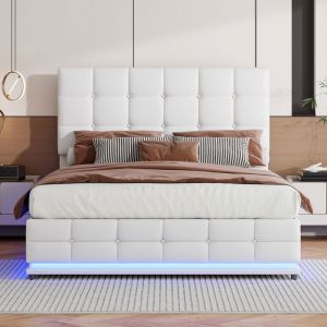 Lit Coffre 140 x 200 avec Sommier Lit Double Capitonné avec LED Lit Rembourré  Lit de Rangement Lit AdulteCuirBlanc