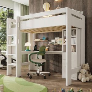 lit mezzanine 1 place avec bureau lit enfant 90x200cm avec &eacute;tag&egrave;restiroirs et USB/Type-CCadre de lit en bois massifblanc