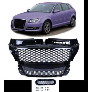 Calandre noir brillant look RS3 pour AUDI A3 8p phase 2 et sportback de 04/2008 à 2012