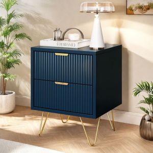 Table de Chevet avec 2 TiroirsTables de Nuit avec Poign&eacute;e en m&eacute;tal et  PiedsChevet de Lit pour SalonChambreBleu40x35.5x50cm