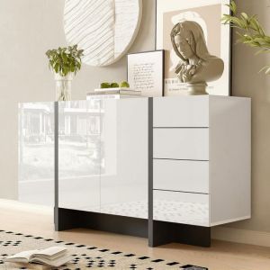 Buffet de salon Style moderne Bahut avec 3 portes et 4 tiroirs Meuble bas de Rangement Buffet 150x40x80 cm Blanc+Noir