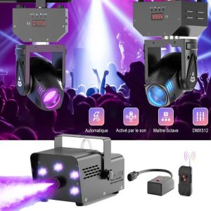 UKING - MINI DJ LYRE 80W RGBW LED - Pack de 2 + Machine à Fumée avec 5 RGB LED Lumière Pack de 1