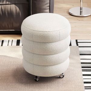 Tabouret de Maquillage Roulant en Tissu Peluche &ndash; Pouf Rond Confortable &agrave; Roulettes Style Scandinave pour Chambre et Salon