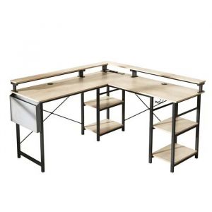 Bureau Gamer en L 140x140 cm avec LEDs RGB Prises USB et &Eacute;tag&egrave;res R&eacute;glables - Bureau dAngle R&eacute;versible Support &Eacute;cran Inclus