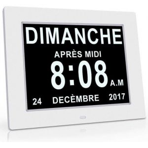 Horloge Calendrier avec Date Jour Heure Grande Alarme Auto Dimming pour Les Personnes gées - Alzheimer et Les Enfants-Blanc