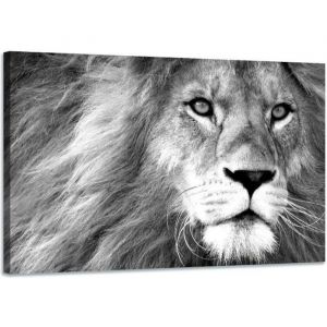 Tableau d&eacute;co lion noir et blanc - D&eacute;coration murale - 90x60cm - Impression haute r&eacute;solution sur toile tendue sur un cadre en bois