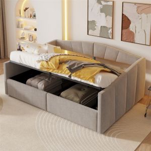 Lit 140x200 avec Sommier Lit Banquette avec Coffre Rangement Lits pour Adulte Ado Velours Gris Clair Design Classique à Rayures