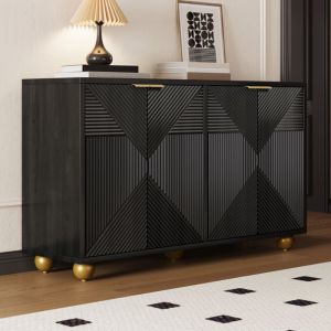 Buffet Bahut - Buffet moderne - Pieds métal - Pour chambre salon - 120x35x71.5cm - 4 Portes - Moderne - Noir - Buffet bas de salon