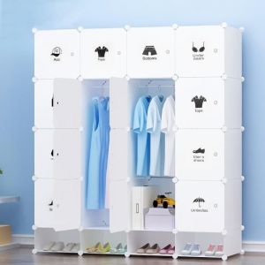 20 Cubes Armoire Penderie Plastique avac 4 Cubes Chaussures Blanc Cadre Métal Rangement Vêteme