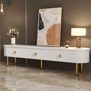 Meuble TV Maisentiel 145 cm effet laqu&eacute; blanc et b&eacute;ton avec &eacute;clairage LED surface brillante et rangements