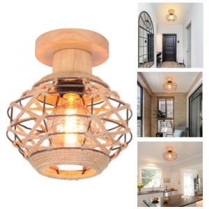 WOTTES 1 X Plafonnier Industrielle en Métal Cage Carré Lustre Abat-jour Fer et Corde de Chanvre Luminaire E27 40W Noir pour