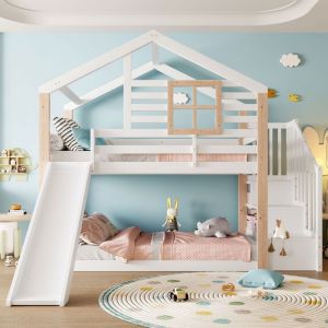 Lit superposé enfant avec toboggan et escalier barrières de sécurité rangements style scandinave - Blanc