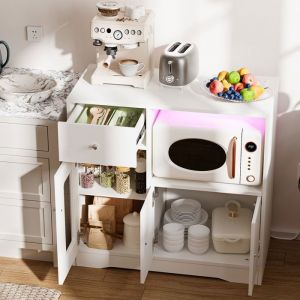 Buffet de cuisine-Meuble dangle-83x40x80cm-Station 2AC+2USB-LED Bluetooth 0.45m-1 Tiroir 2 Portes-Etag&egrave;re Micro-Ondes-Bois-Blanc