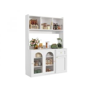 Buffet haut salle a manger -Meuble vaisselier cuisine avec éclairage LED -Armoire vitrine blanc -Dimensions: 120x35x167 cm