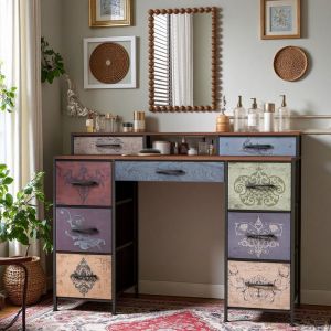Coiffeuse sans miroir 9 tiroirs deux étageres Pieds réglables Poignées délicates Motif rétro 120x40x90 cm Multicolore