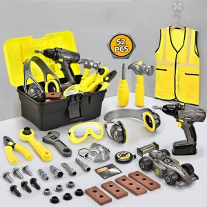 52 Pcs Castle Boite Outils Enfant Etabli avec Perceuse &Eacute;lectrique Metre Ruban D&eacute;monter et Assembler Voiture Caisse a Outil